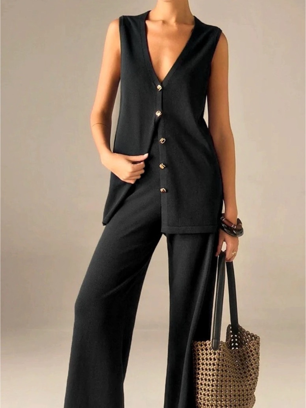 Commense Golden Button Knit Vest Pants Set Knit Wide-Leg Set Black Large